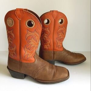 JUSTIN Stampede Kids Tan &  Sunrise Dusty Leather Square Toe Western Boots 4 D